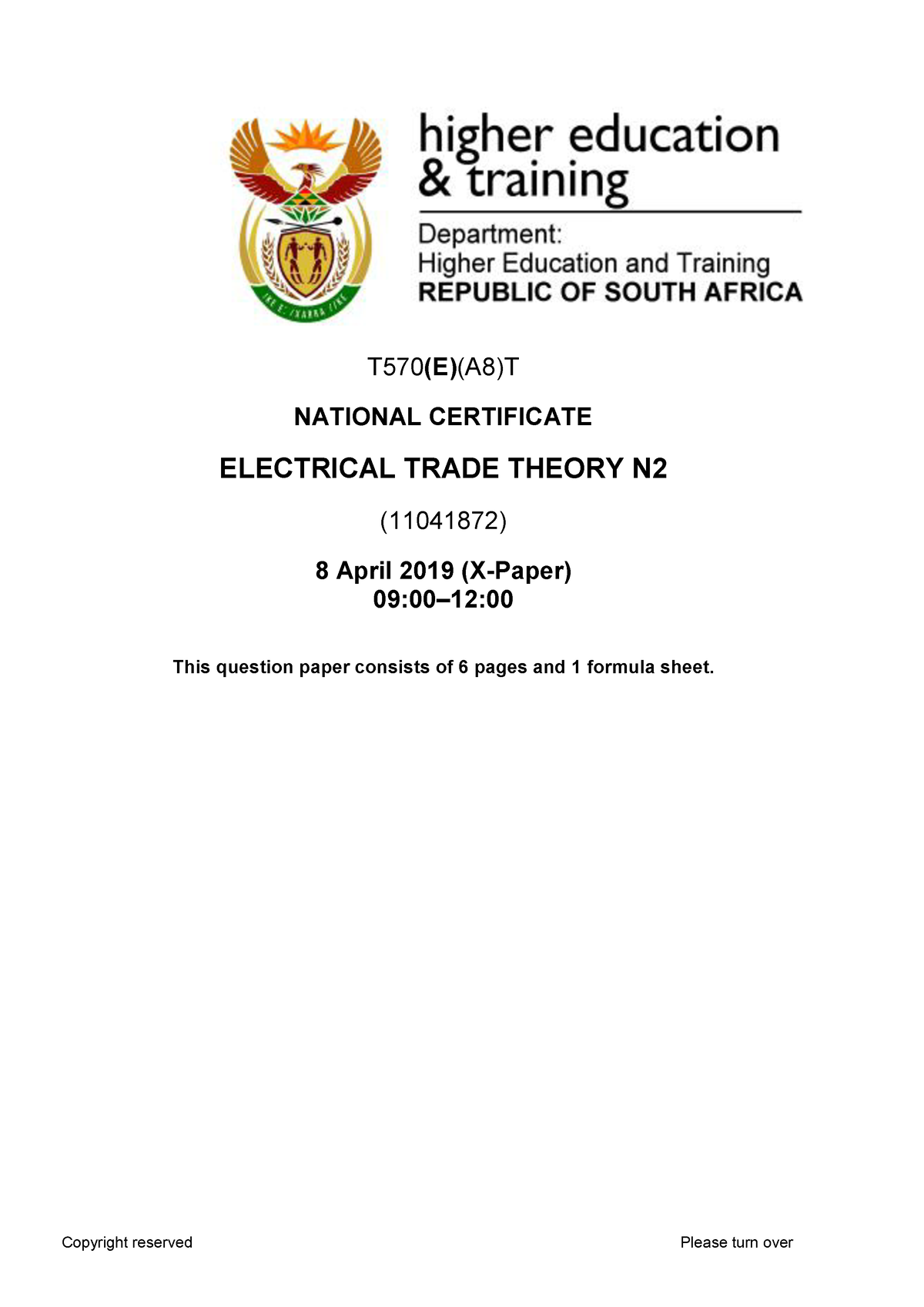 Electrical Trade Theory N2 April 19 Qp 11041872 1 T 570 E A5 T T570 E A8 T National