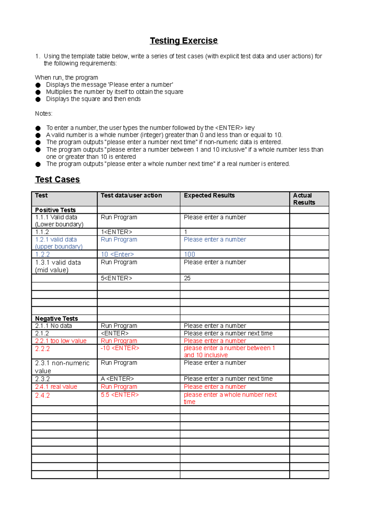 IT Testing Homework 1 - Testing Exercise Using the template table below ...
