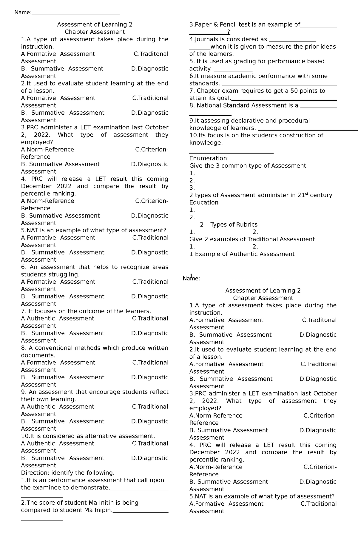 1ST Chapter Assesment AOL 2 Assessment Of Learning 2 Chapter 