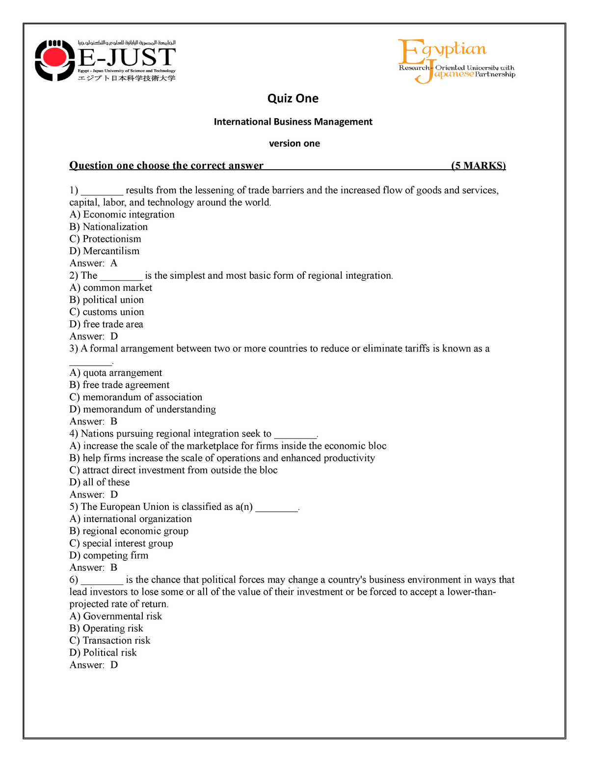 Quiz One Model Answer - Quiz One International Business Management ...