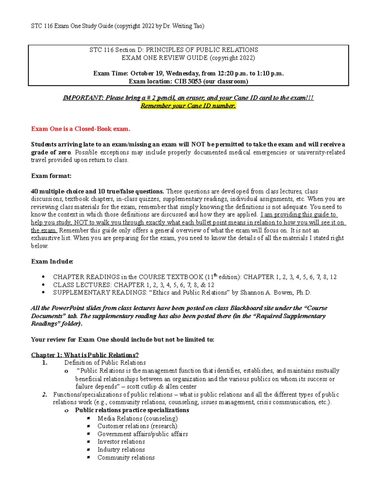 Exam 1 Study Guide - STC 116 Section D: PRINCIPLES OF PUBLIC RELATIONS ...