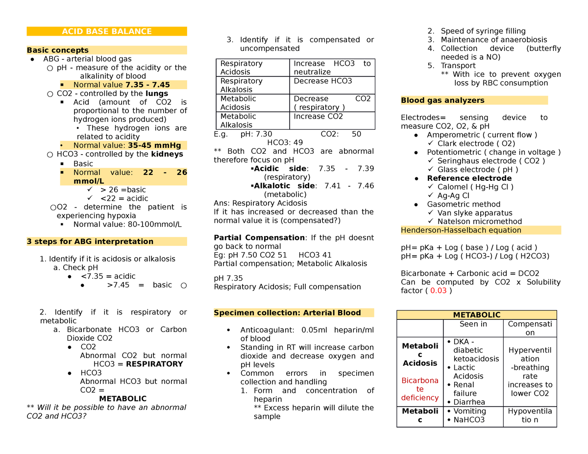 Acid base Balance - ACID BASE BALANCE Basic concepts ABG - arterial ...