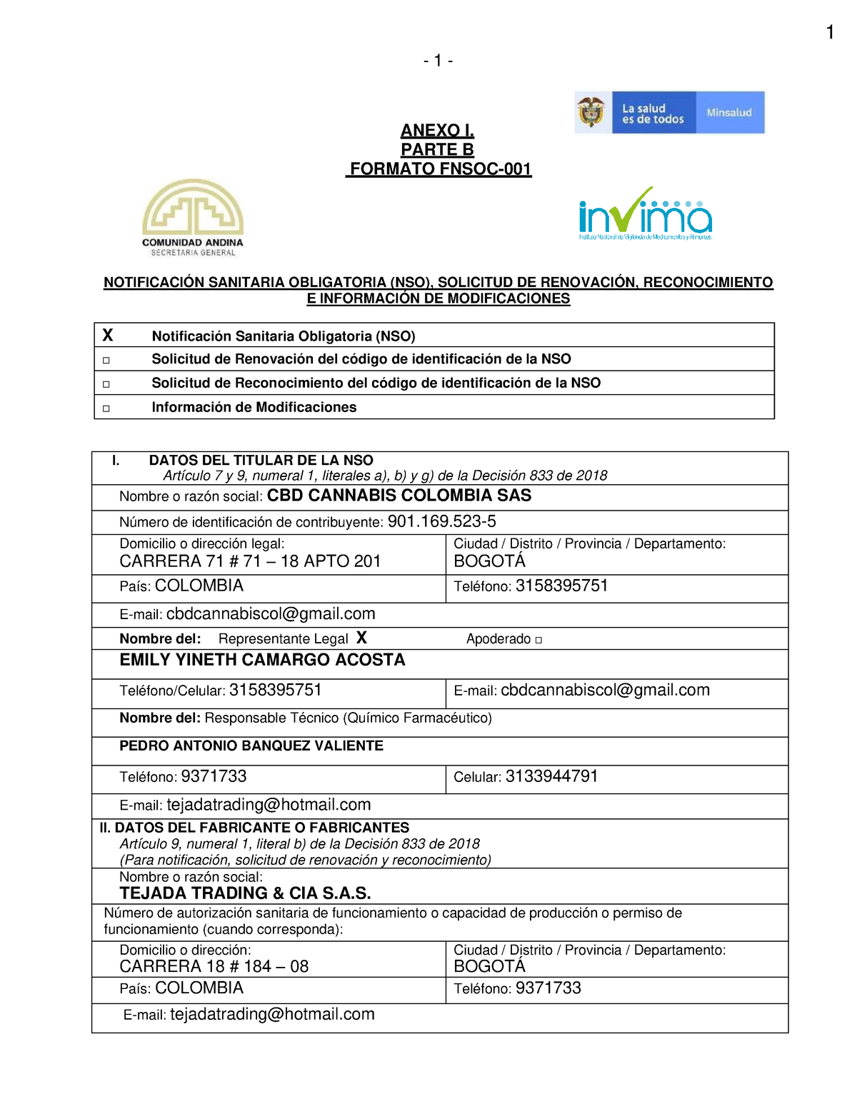 Ficha Tecnica Cbd Oil Colombia - 1 - ANEXO I. PARTE B FORMATO FNSOC ...