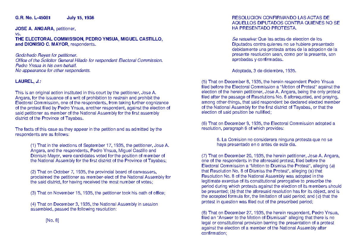 Constitutional Law 1 full case - G. No. L-45081 July 15, 1936 JOSE A ...