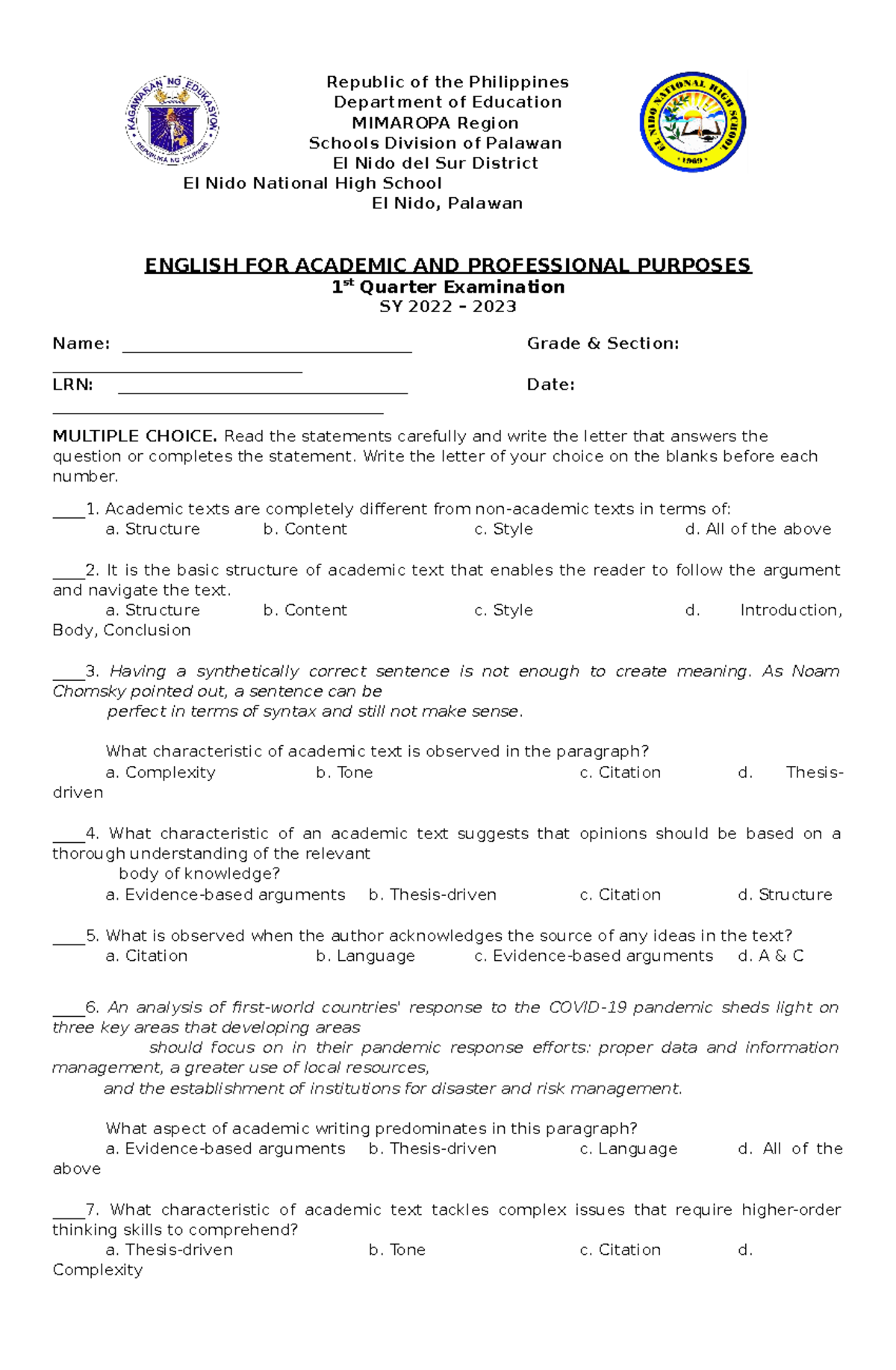 EAPP 1ST Quarter EXAM Republic Of The Philippines Department Of final-eapp-q1-module-4-eapp-11-and-professional-purposes-english