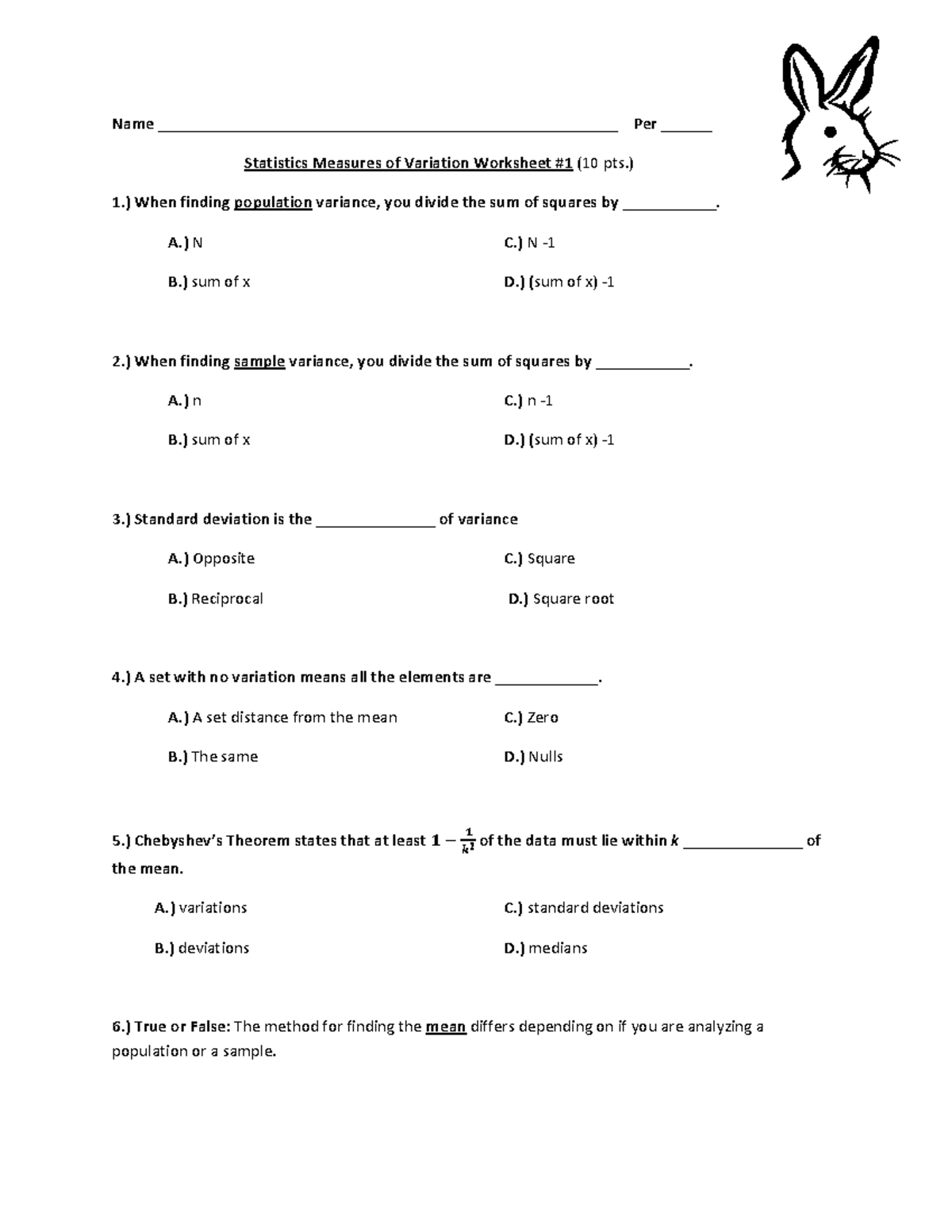 Statistics Measures of Variation Worksheet 1 - ) 1.) When finding  population variance, you divide - Studocu
