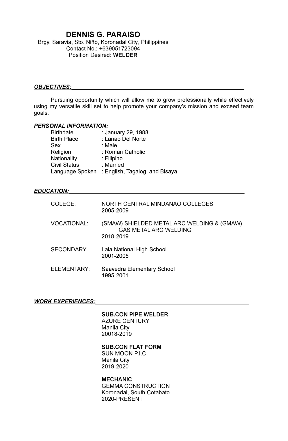 Resume / Personal Data for Job Application Studocu