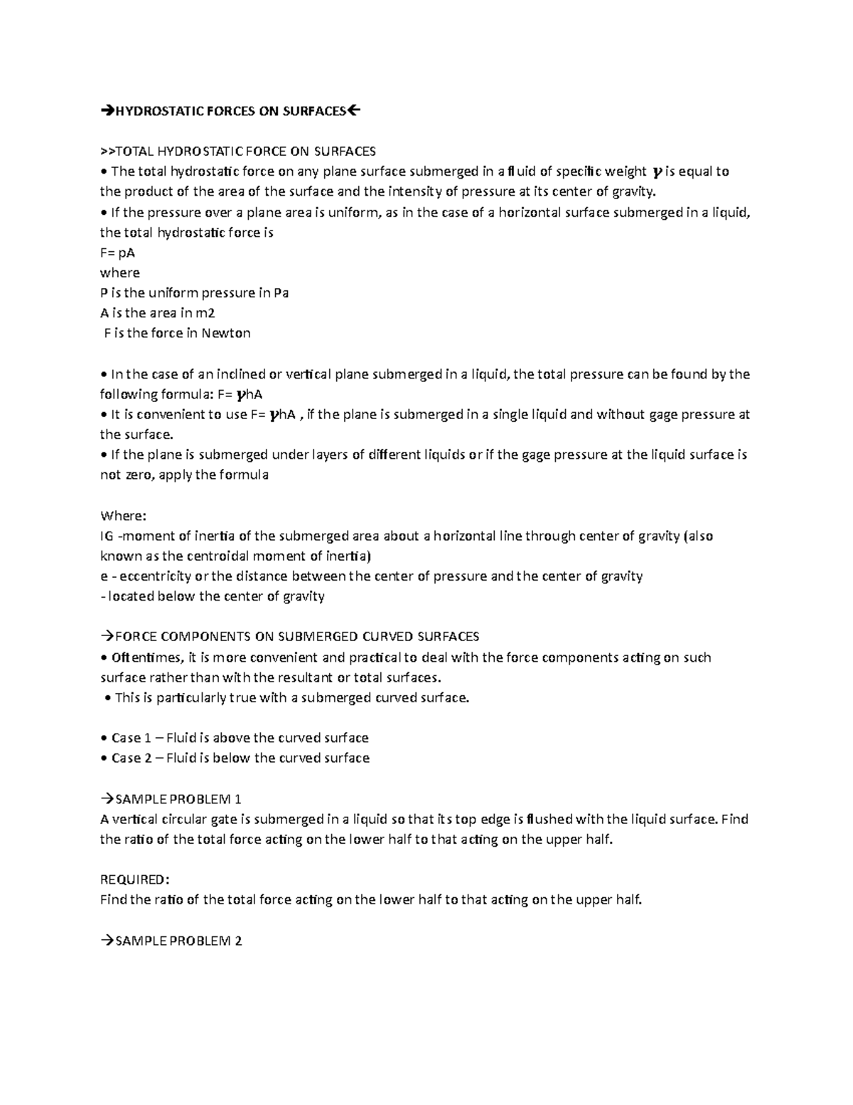 Hydrostatic Forces On Surfaces Hydrostatic Forces On Surfaces Total