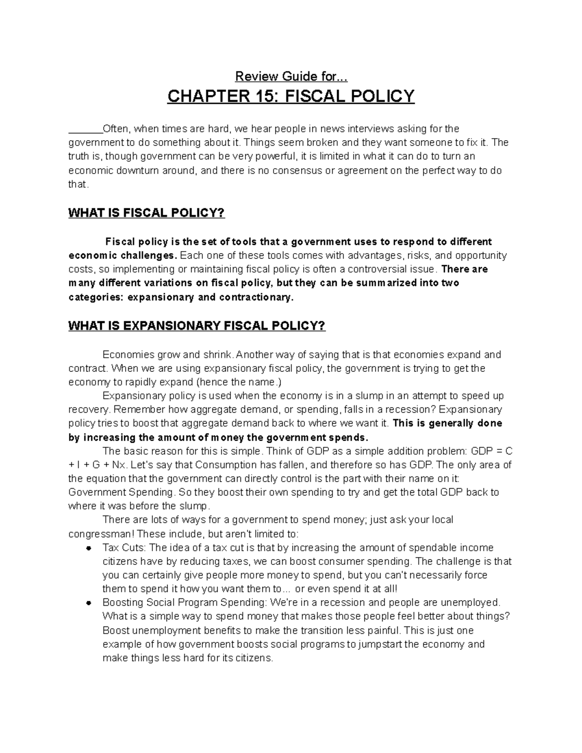 Chapter 15 Fiscal Policy Worksheet Answers