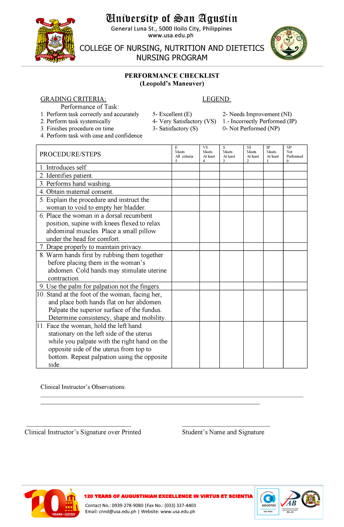 Leopolds and FH measurement checklist - COLLEGE OF NURSING, NUTRITION ...