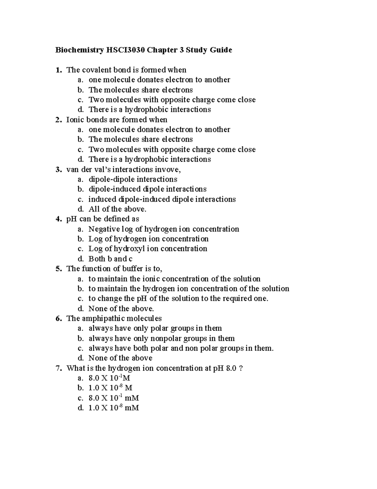 Biochemistry Chapter 3 Study Guide - Biochemistry HSCI3030 Chapter 3 ...