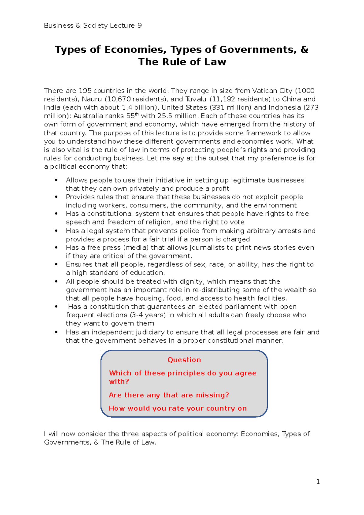 LECT 9 Economies Governments & Rule of Law v2 Types of Economies