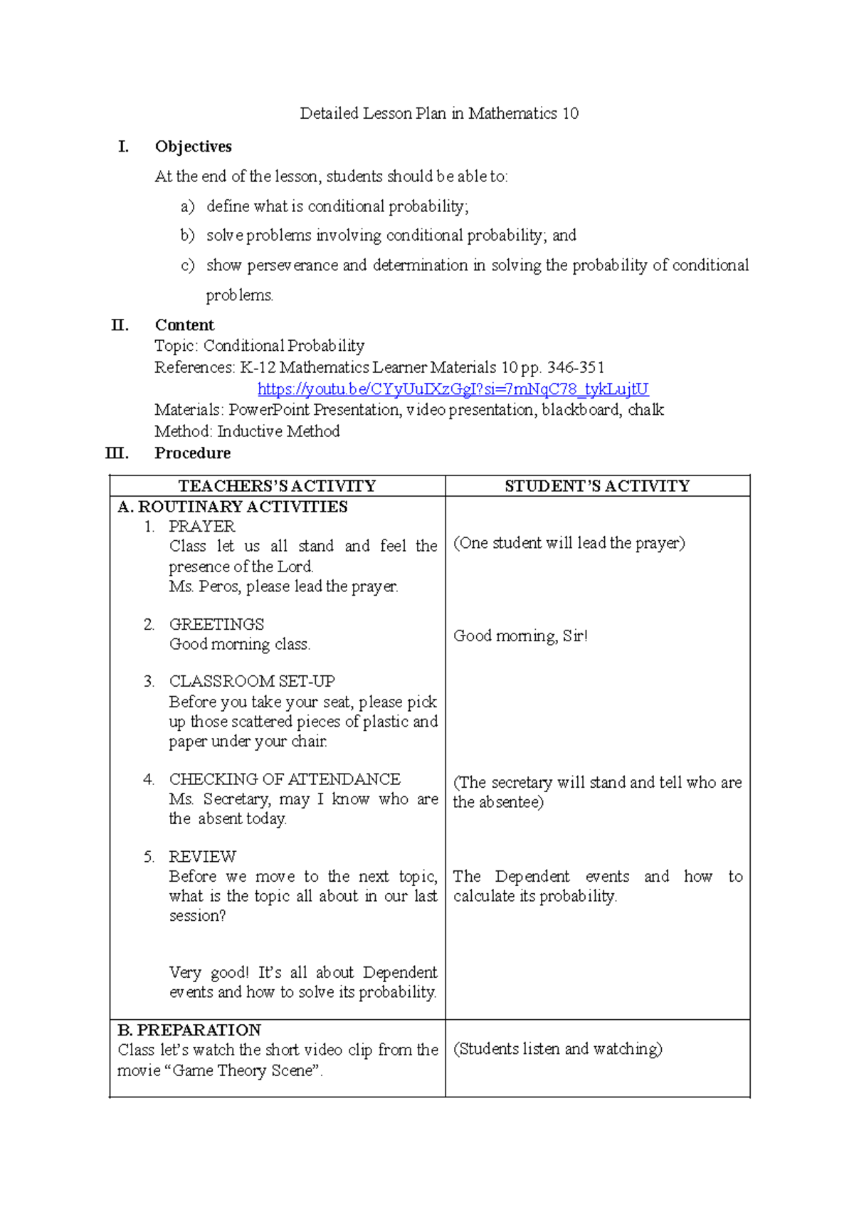 Conditional Probability - Detailed Lesson Plan in Mathematics 10 I ...