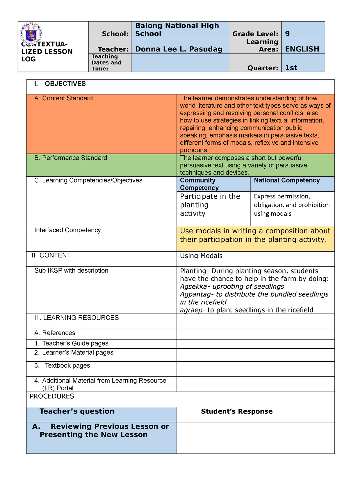 Contextualized Lp IN ENG 9 - CONTEXTUA- LIZED LESSON LOG School: Balong ...