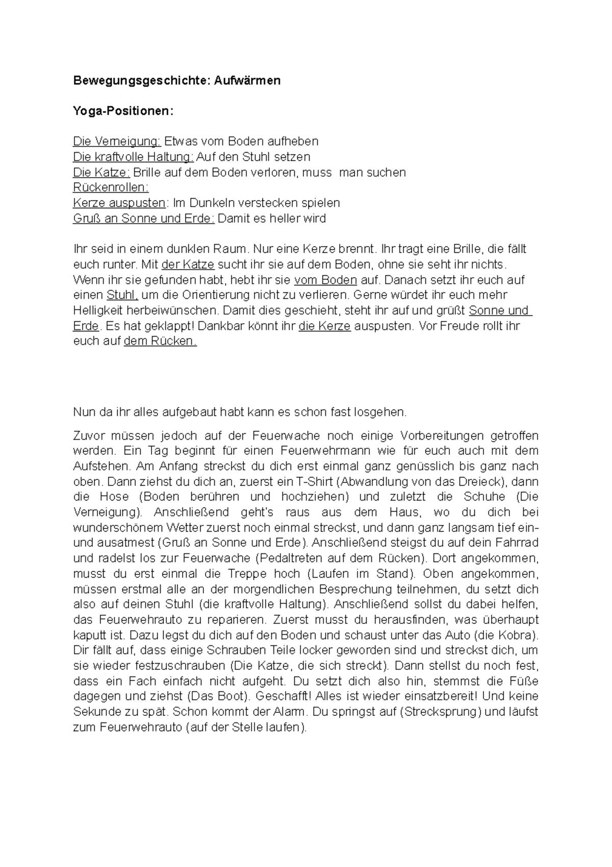 Bewegungsgeschichte Feuerwehr Bewegungsgeschichte Aufwärmen Yoga