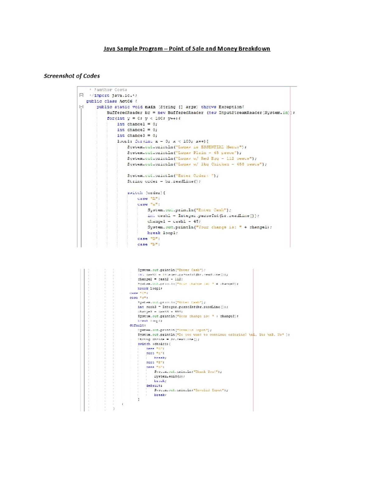 Java Sample Program – Point of Sale and Money Breakdown - ; public ...