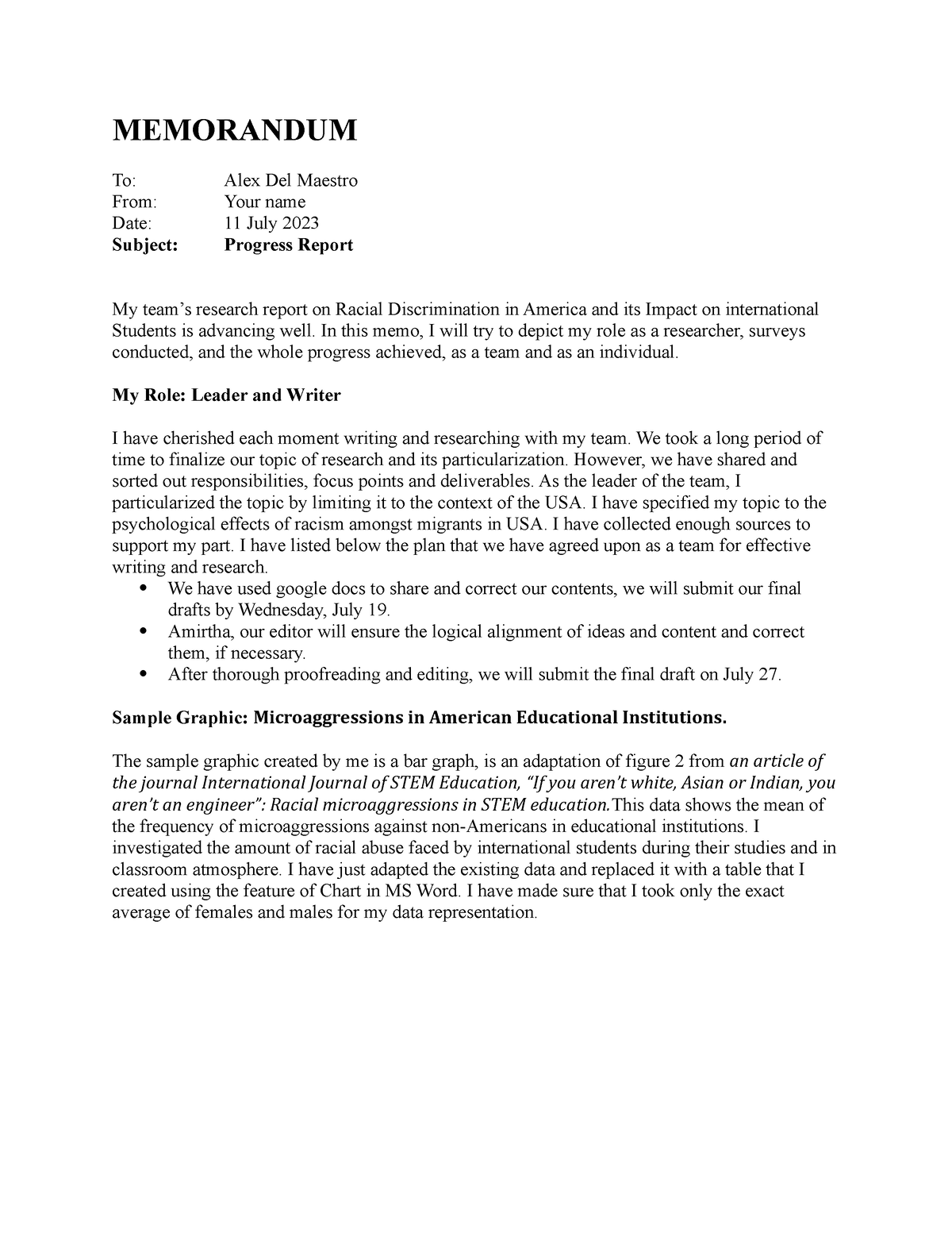 Progress report memo template - MEMORANDUM To: Alex Del Maestro From ...