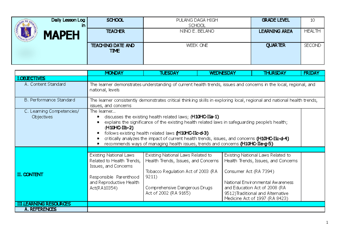 Q2 Grade 10 Health DLL Week 1 - Daily Lesson Log In MAPEH SCHOOL PULANG ...