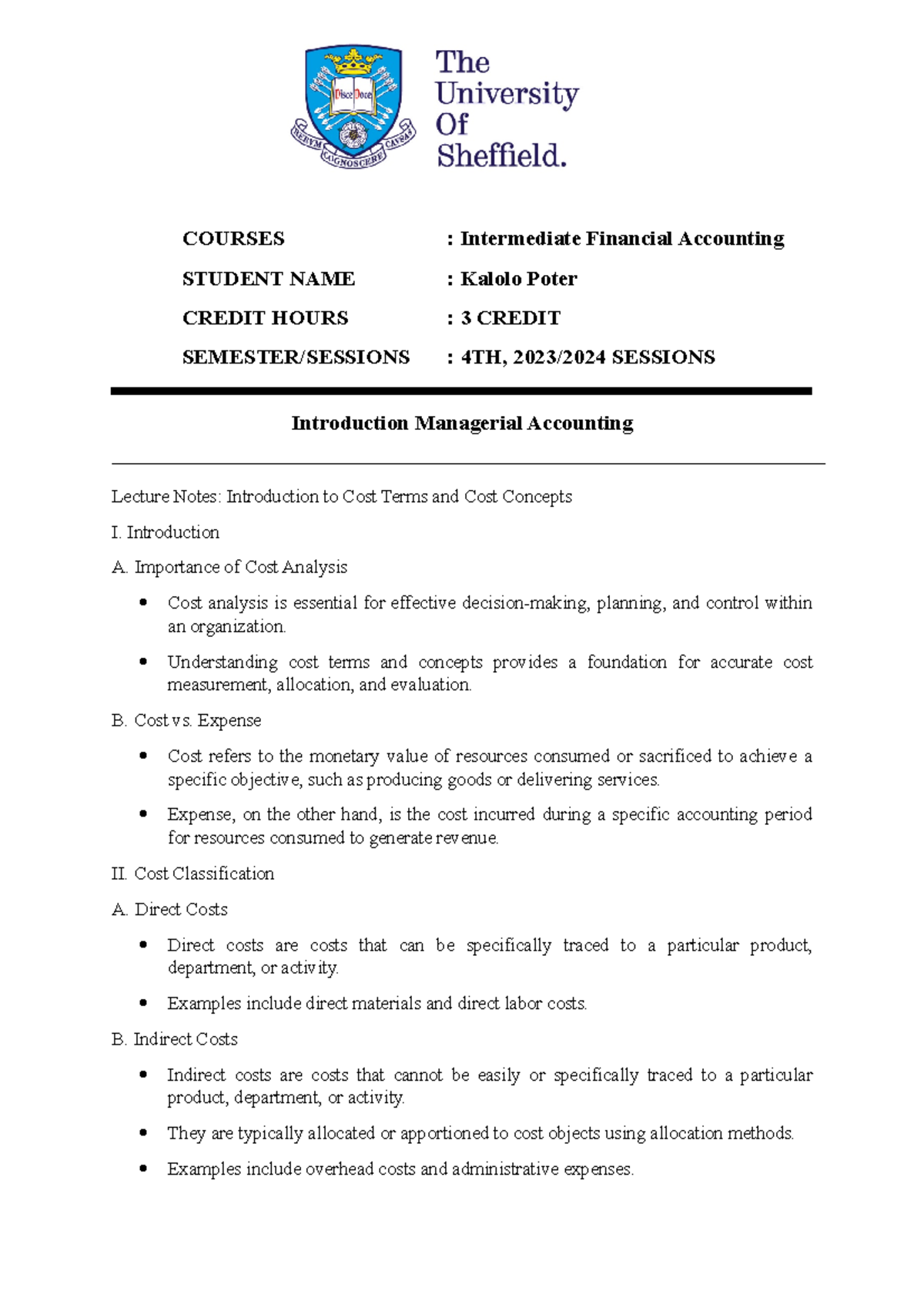 Introduction to Cost Terms and Cost Concepts Introduction A