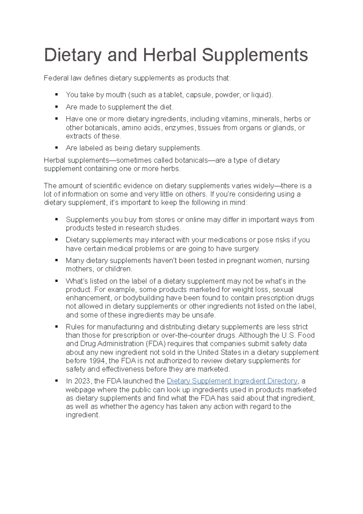 Dietary and Herbal Supplements Dietary and Herbal Supplements Federal law defines dietary