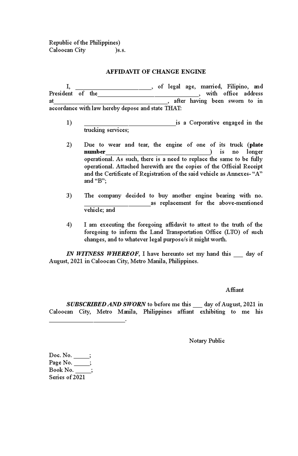 Affidavit of change engine of a Motor Vehicle for LTO REQUIREMENT