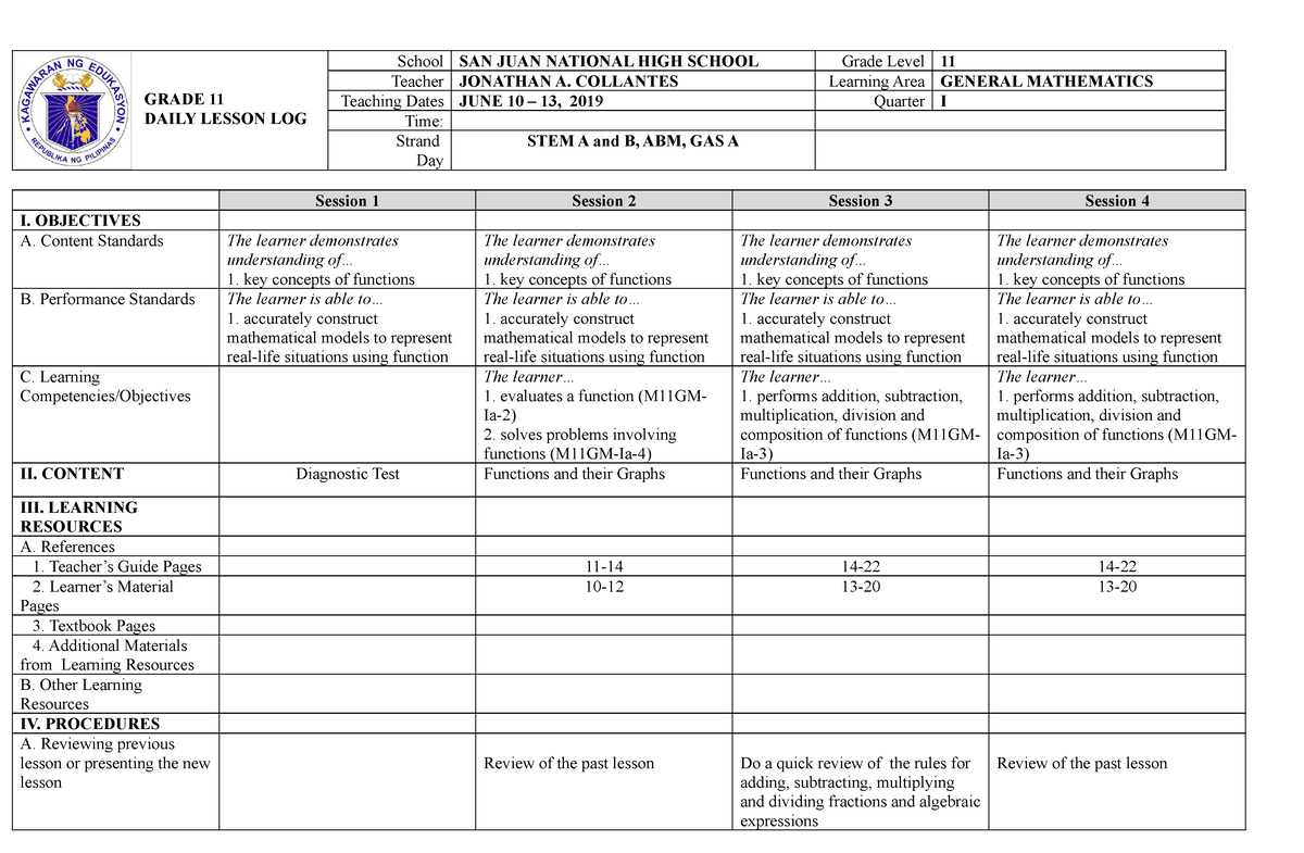 General mathematics dll week 1 Copy Copy 2 - GRADE 11 DAILY LESSON LOG ...