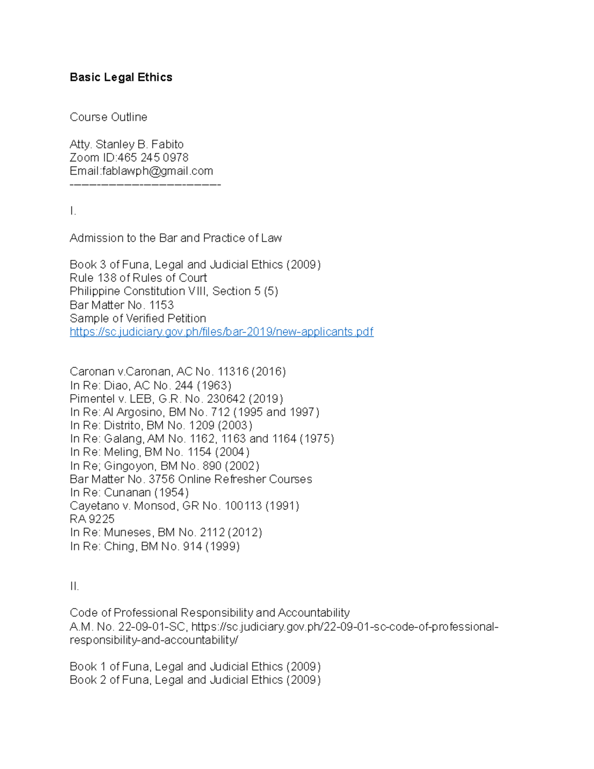 Legal Ethics Outline copy Basic Legal Ethics Course Outline Atty