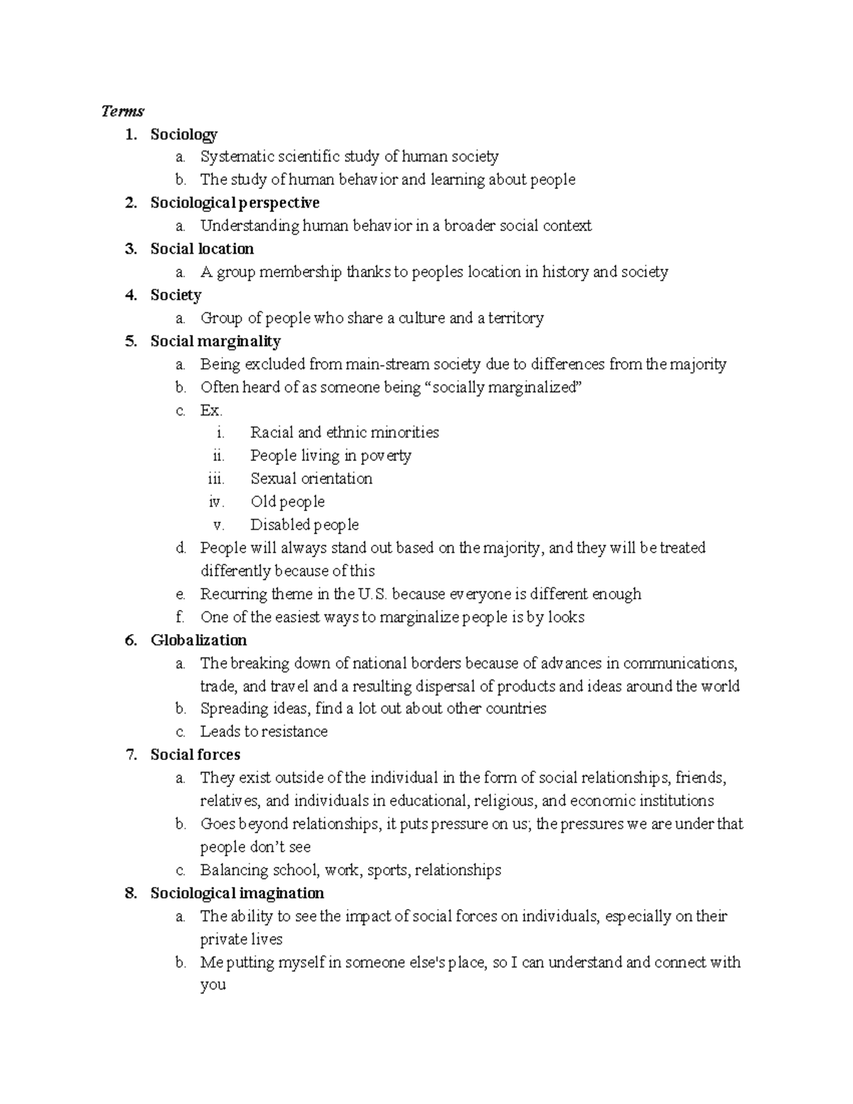 Sociology Chapter 1 Notes - Terms 1. Sociology a. Systematic scientific ...
