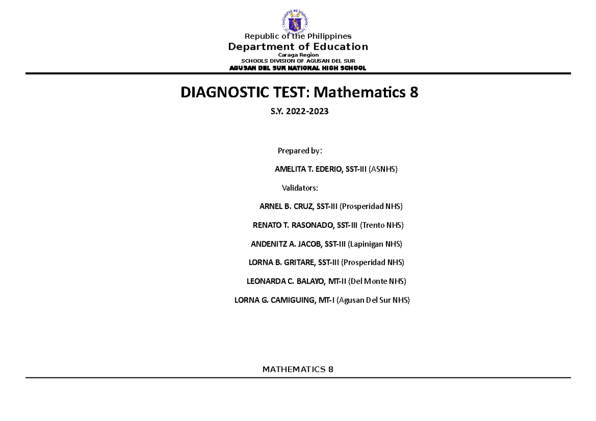 Diagnostic Math 8 TOS TQ KA - Department of Education Caraga Region ...