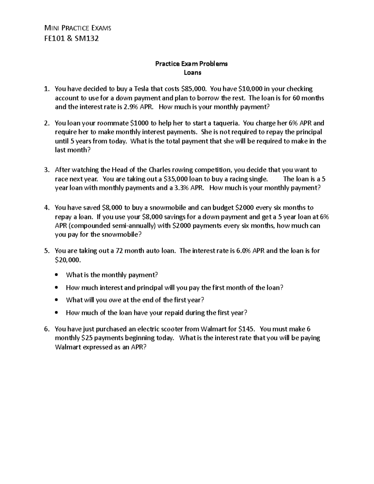 Practice Exam Problems 7 Loans Mini Practice Exams Fe101 Sm