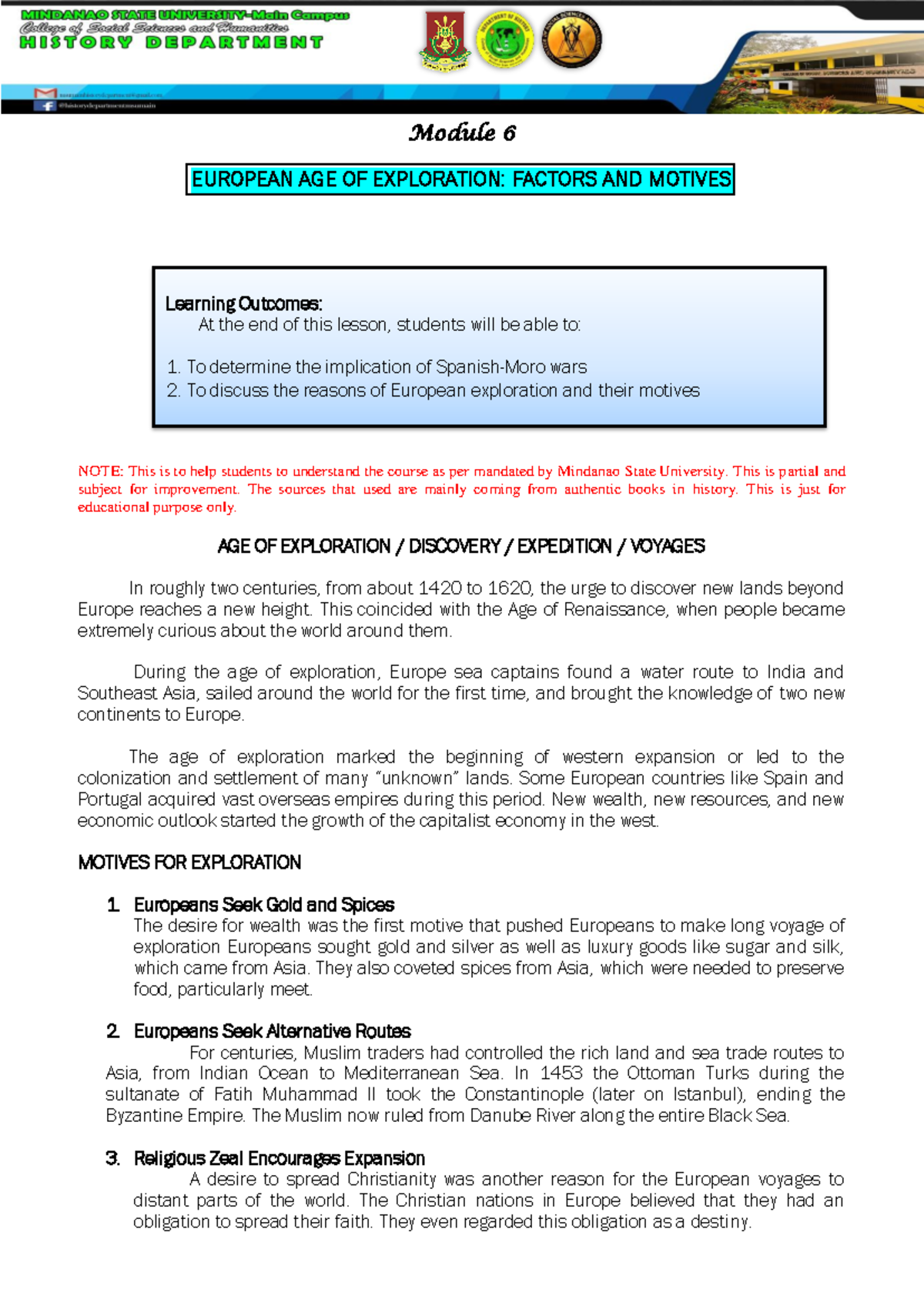 Module 6 HIS003 European AGE OF Exploration - Module 6 EUROPEAN AGE OF ...
