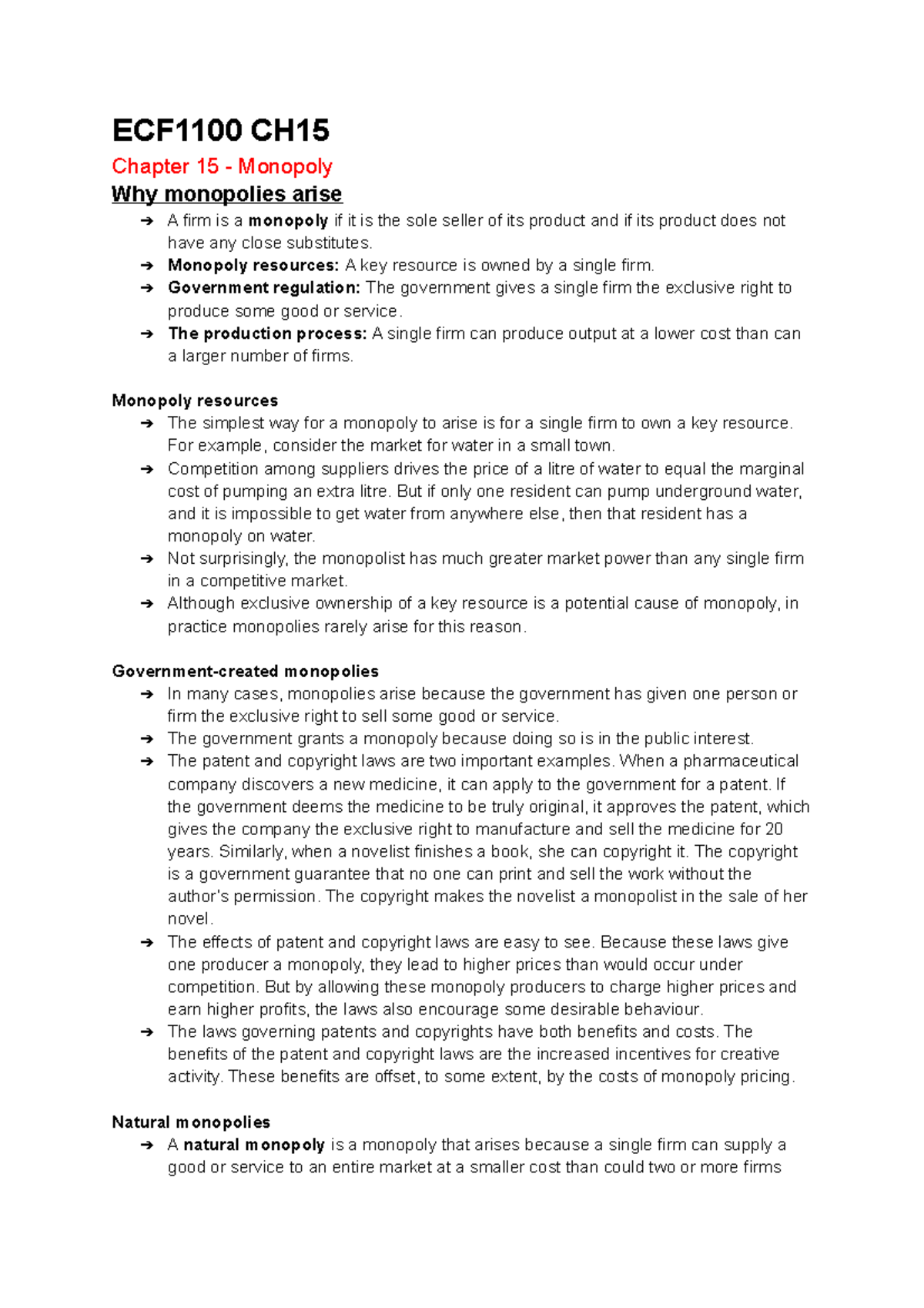 ECF1100 CH15 - Econ notes - ECF1100 CH15 Chapter 15 - Monopoly Why ...