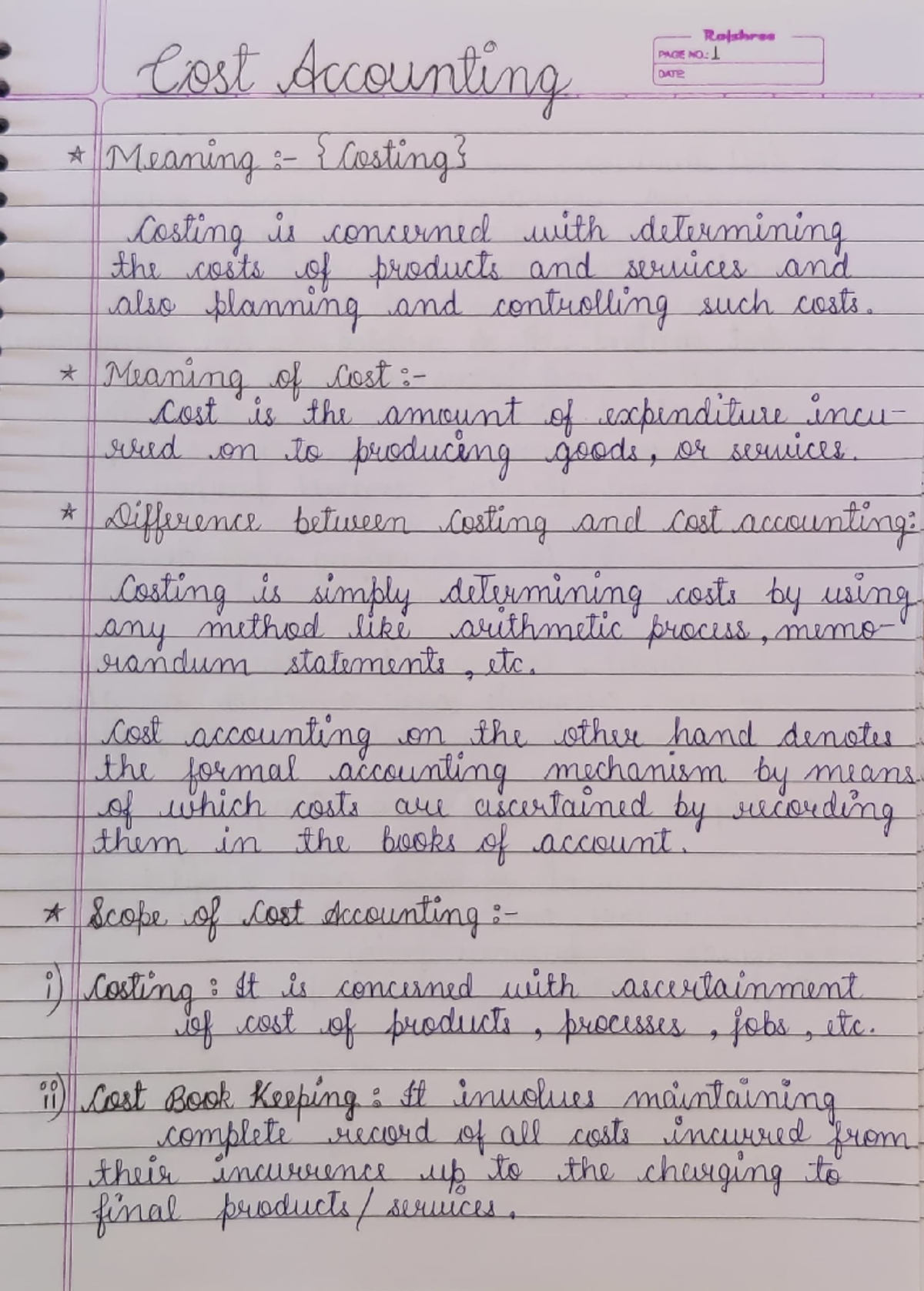 Cost Accounting - Accounts notes - Roshre PAGE NO:L DATE Meamim ...