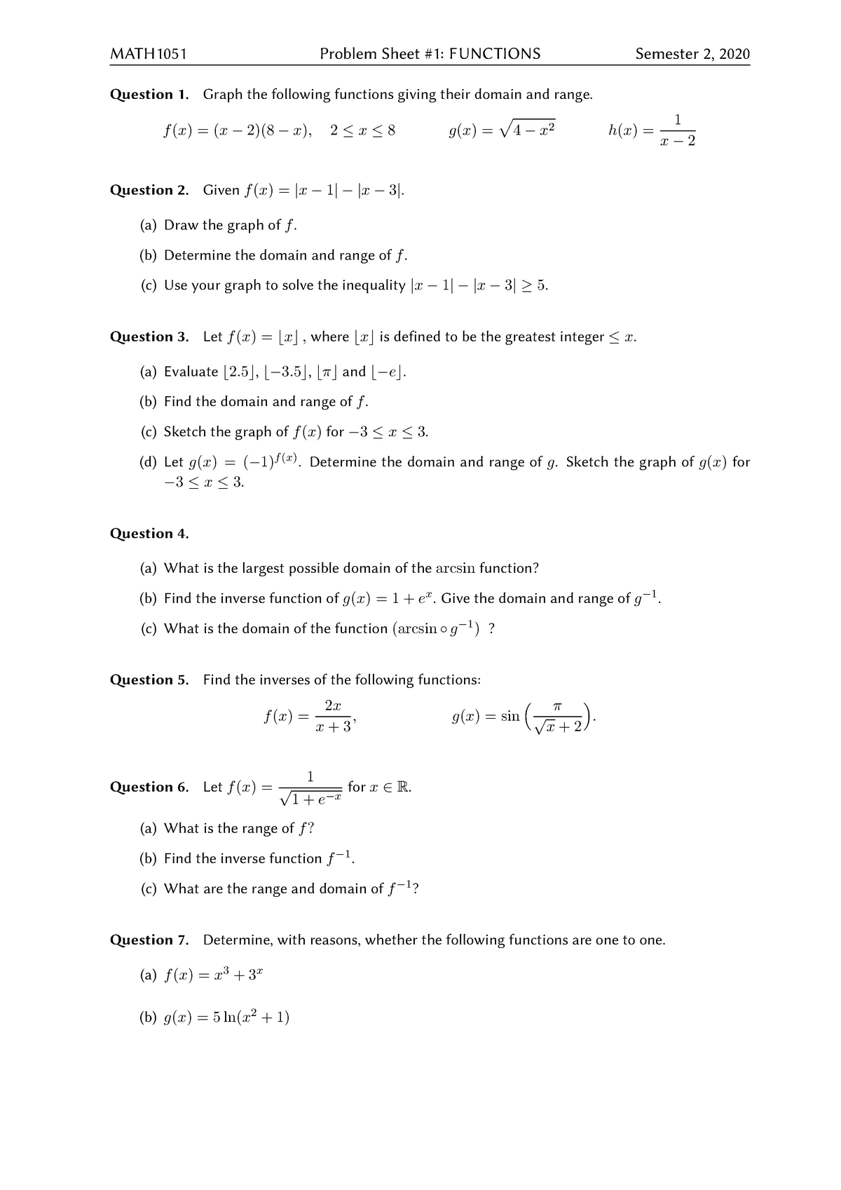 1. Functions 2020(2)Q - MATH1051 Problem Sheet #1: FUNCTIONS Semester 2 ...