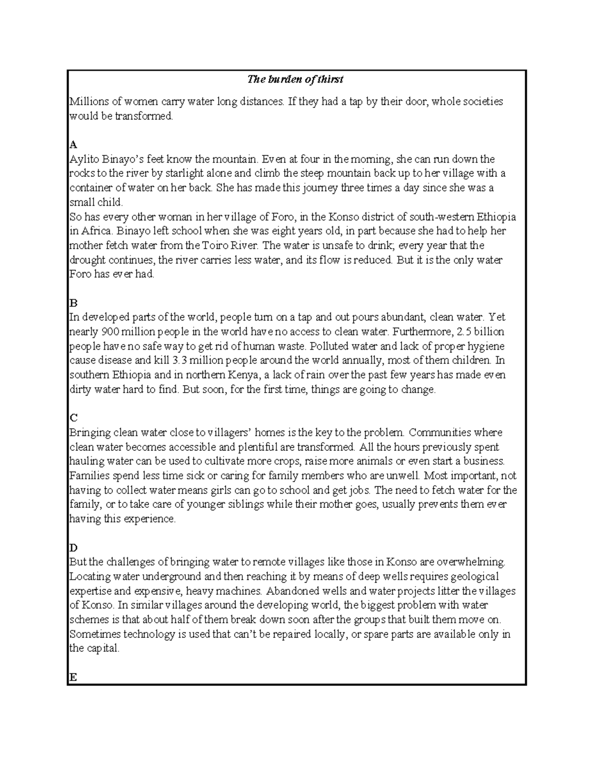 Reading UNIT 5. TEST - The burden of thirst Millions of women carry
