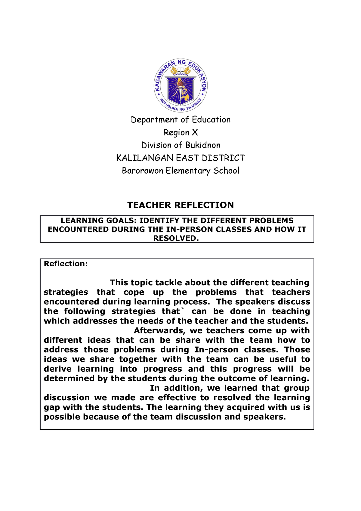 Teacher Reflection - To Guide - TEACHER REFLECTION LEARNING GOALS ...