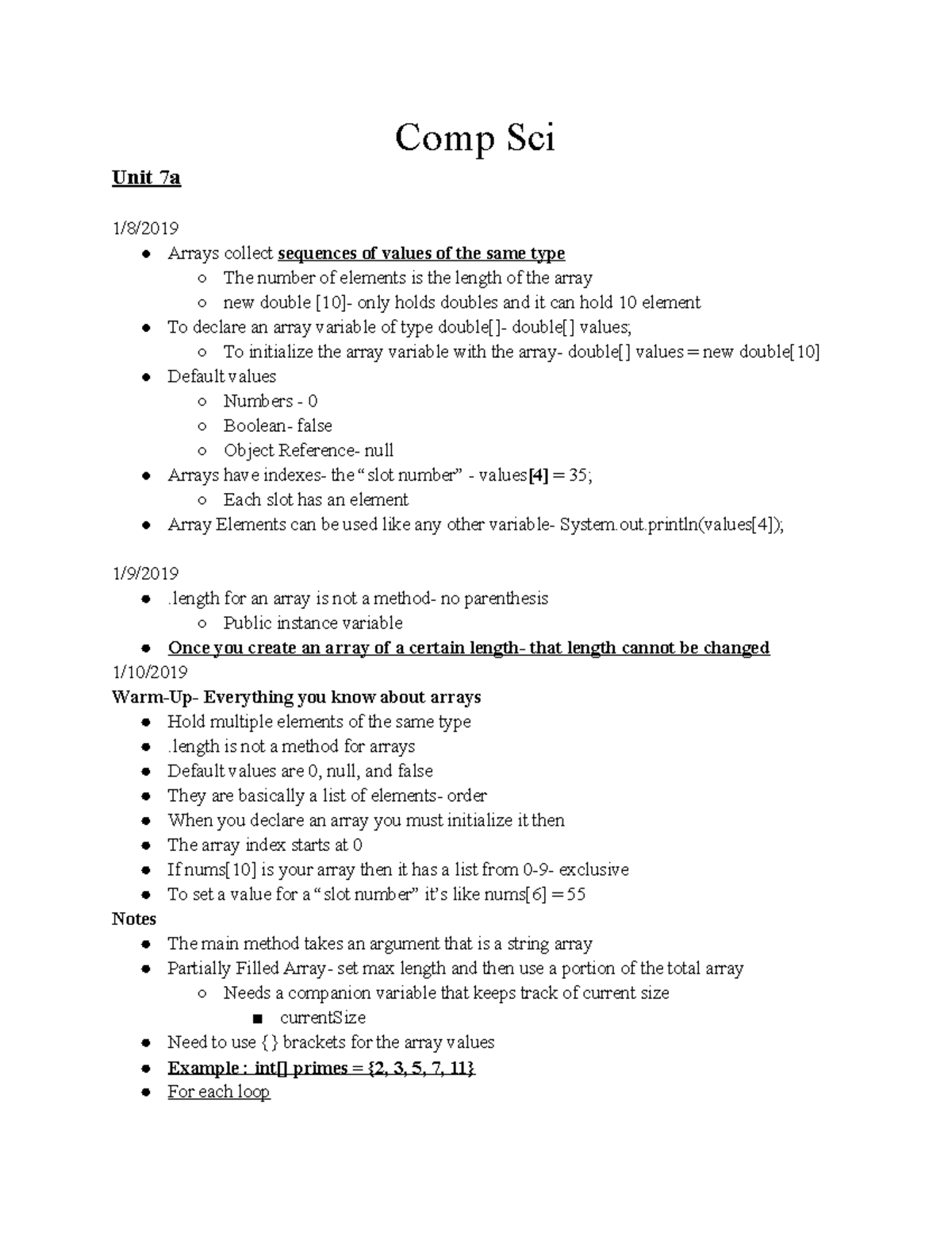 Comp Sci Notes- Semester 2 - Comp Sci Unit 7a 1/8/ Arrays collect ...