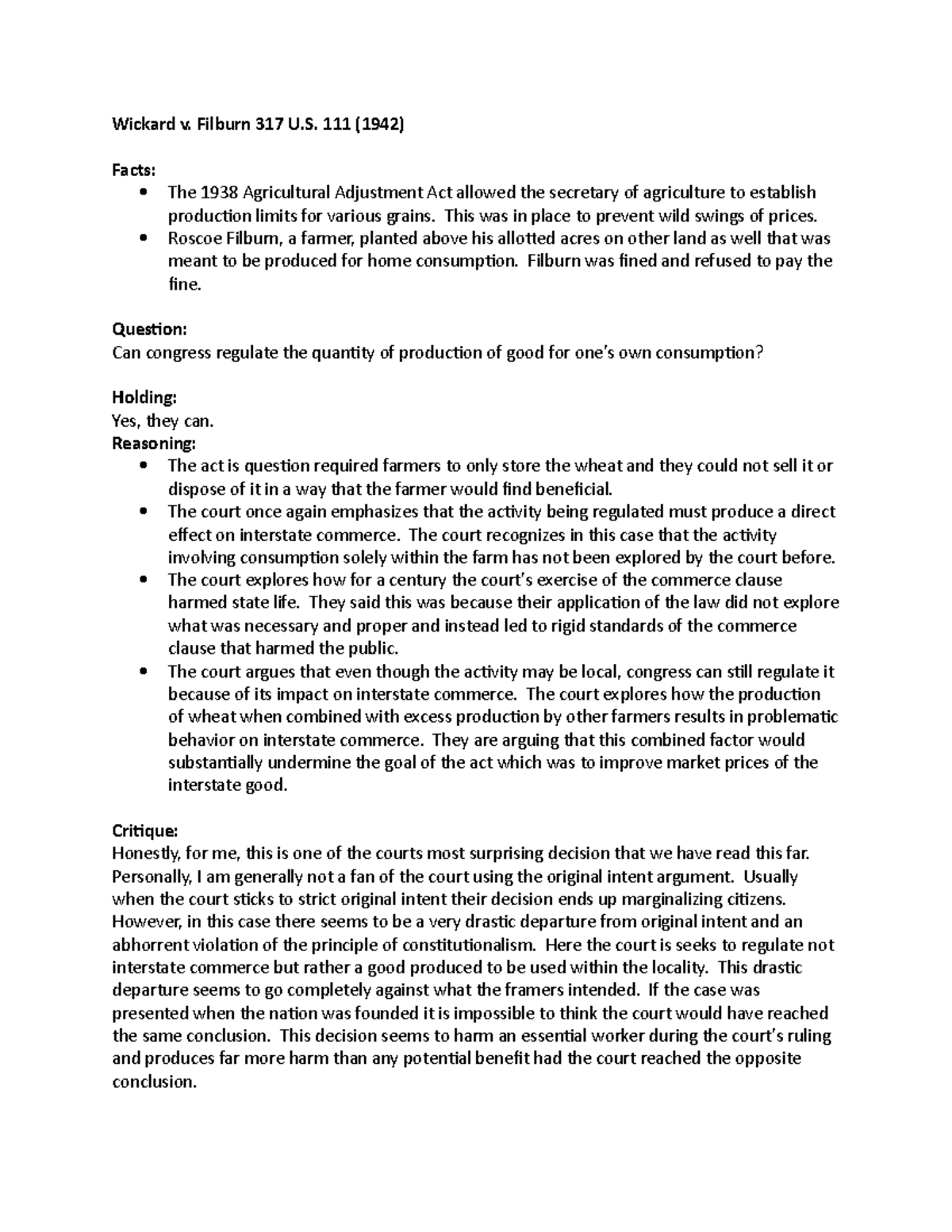 Brief 4 Wickard v. Filburn 317 U. 111 (1942) Facts The 1938