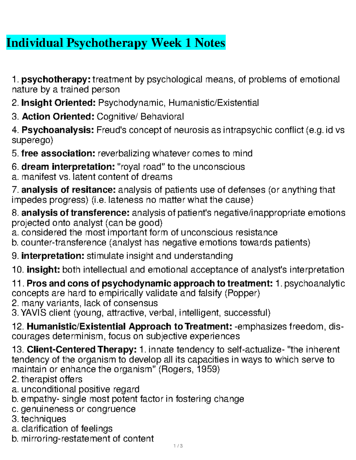 Individual Psychotherapy Week 1 Notes - 1 / 3 Individual Psychotherapy ...