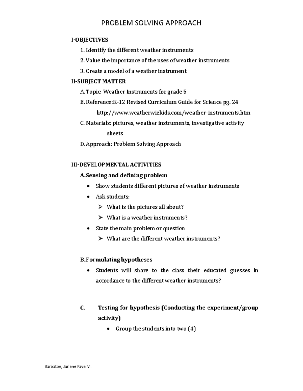 Problem Solving Approach Lesson Plan - I-objectives Identify The 