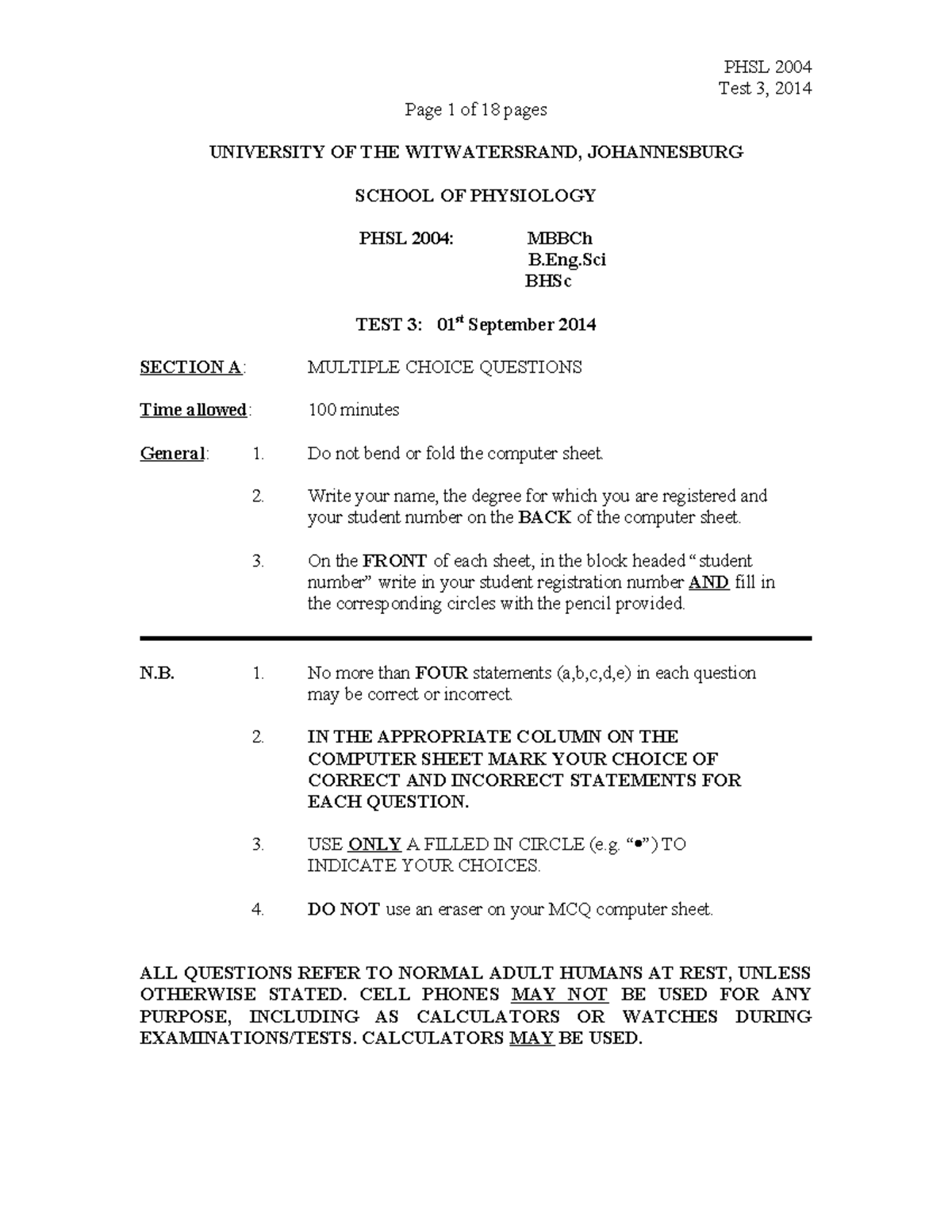 Test+3+-+MCQ+Model+Answers - Test 3, 2014 Page 1 of 18 pages UNIVERSITY ...