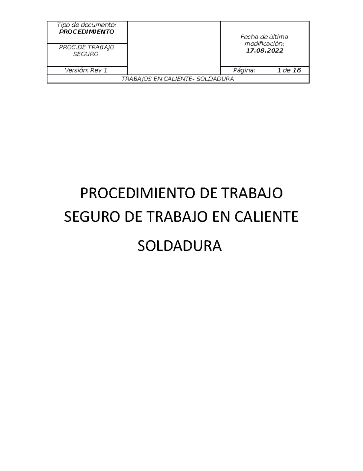 PTS Procedimiento Trabajo EN Caliente Soldadura - PROCEDIMIENTO Fecha ...