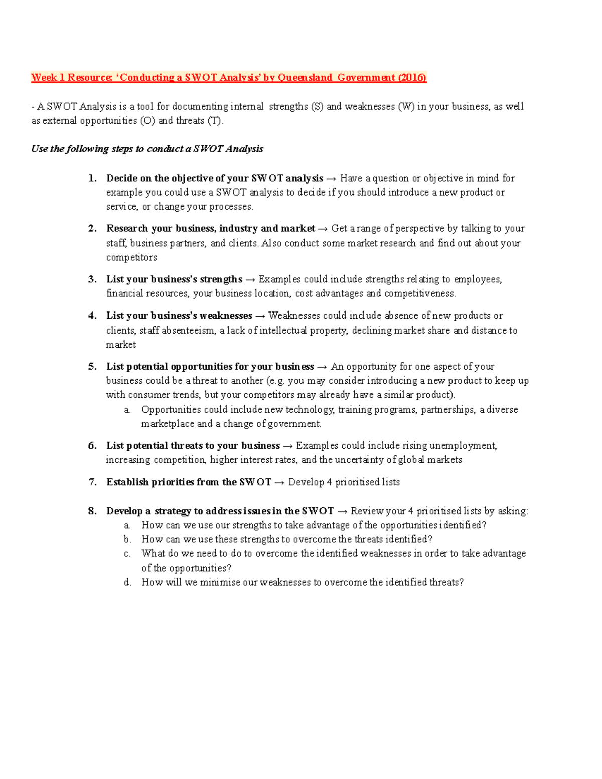 Week 1 Resource ‘Conducting a SWOT Analysis’ by Queensland Government ...