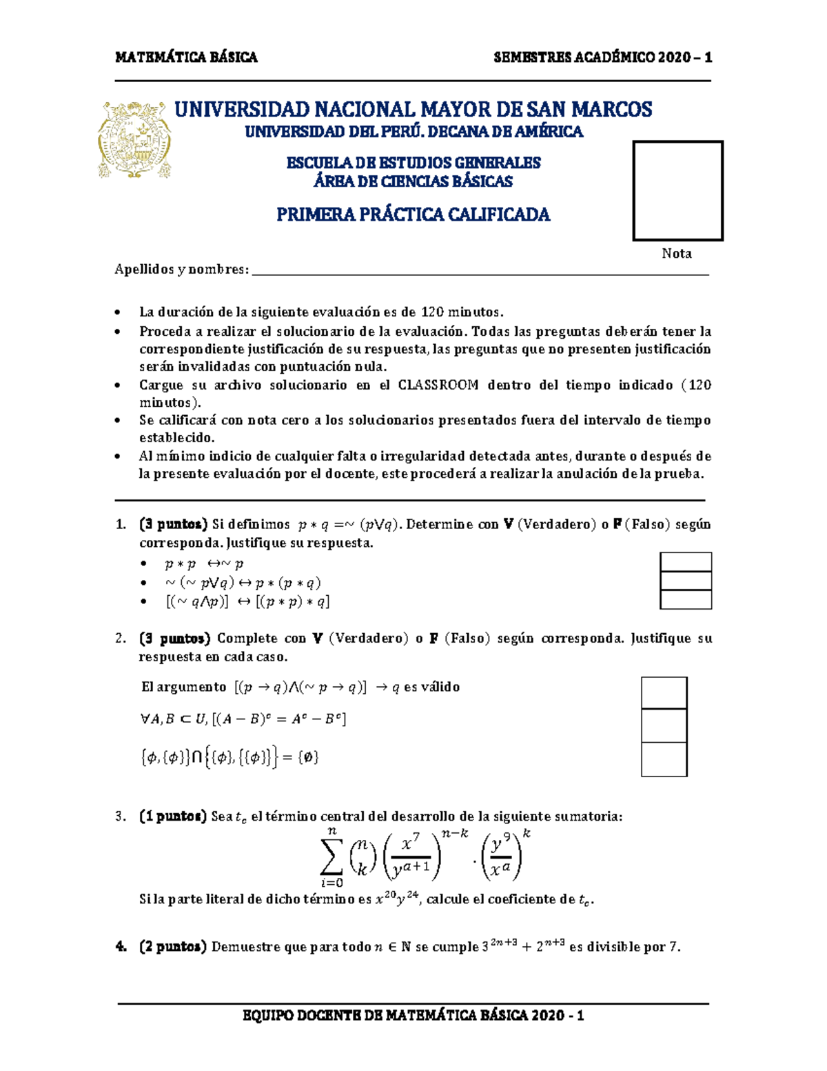 Primera Práctica Calificada DE MB - MATEM¡TICA B¡SICA SEMESTRES ACAD ...