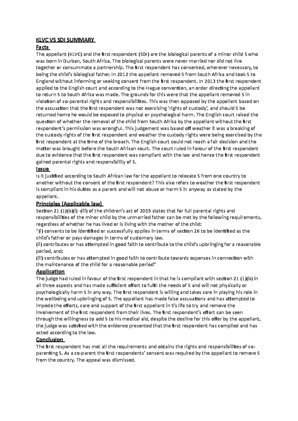 Case summary of the family law case KLVC V SDI KLVC VS SDI SUMMARY