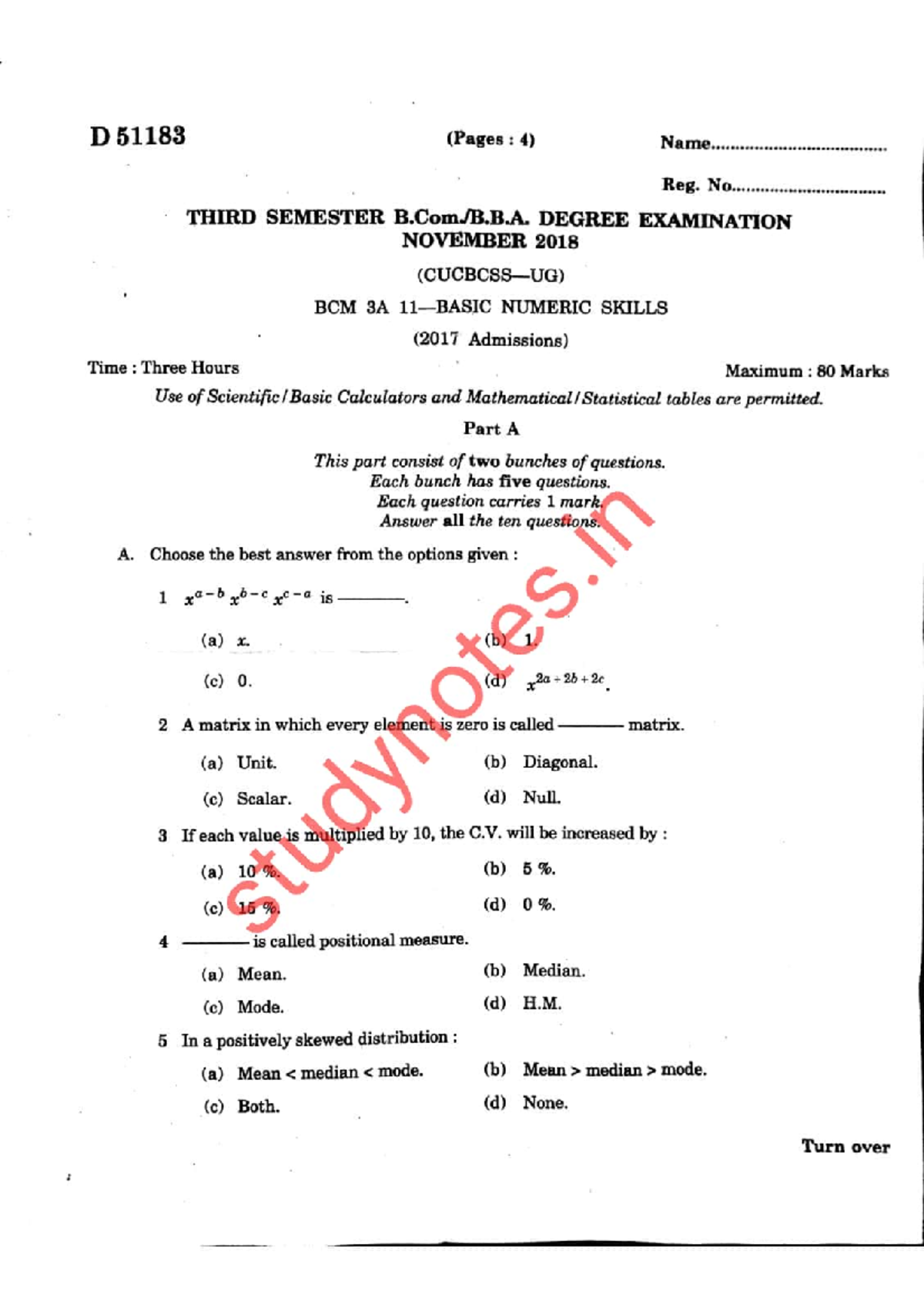 Bcom iii sem bns 2018 - Model question paper of Basic Numerical Skills ...