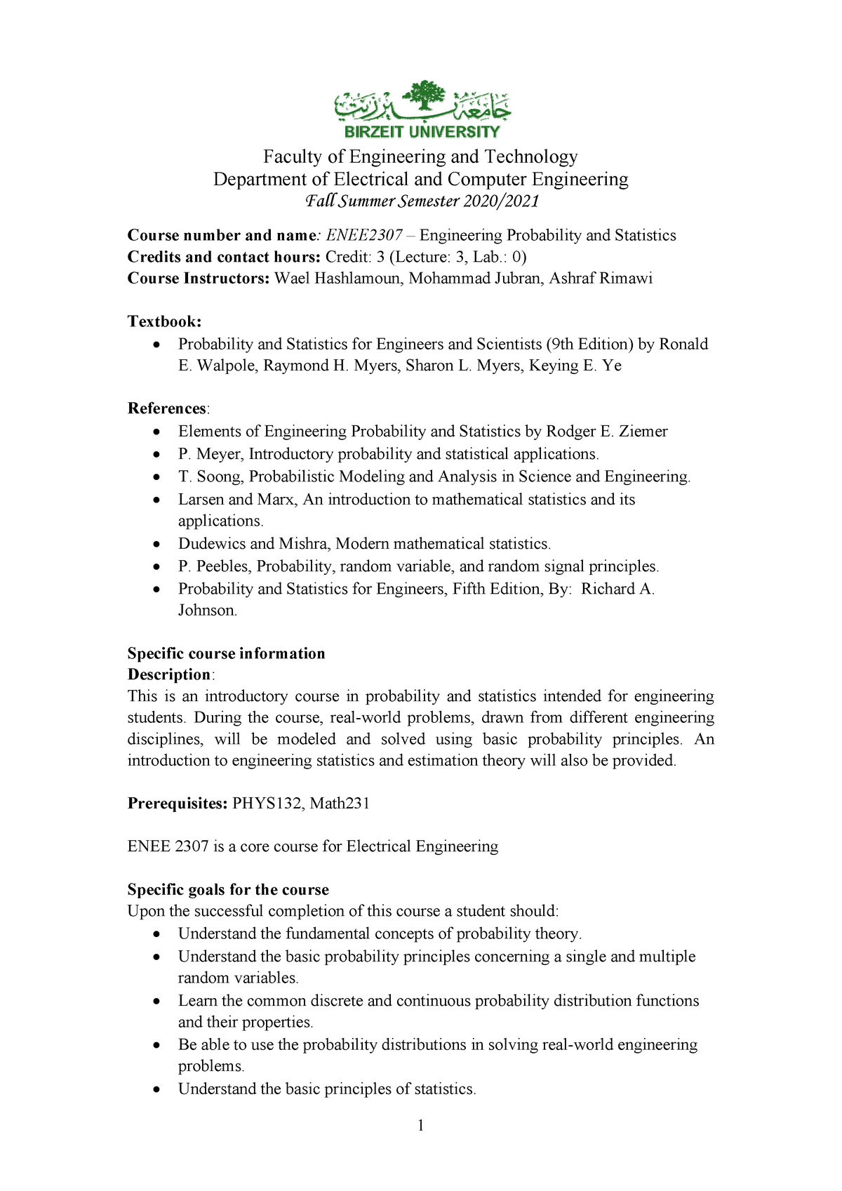 Enee2307 Outline 1 Faculty Of Engineering And Technology Department Of Electrical And Computer Studocu