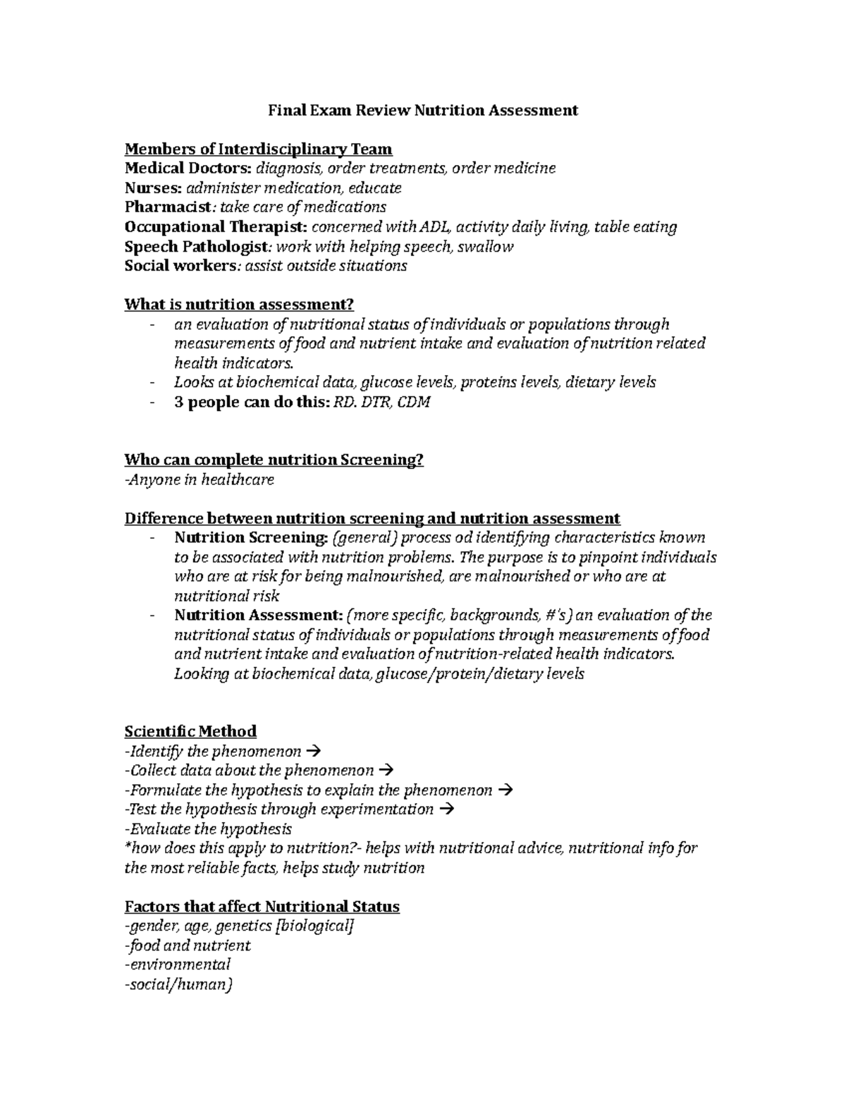 Final Exam Review Nutrition Assessment - Looks at biochemical data ...