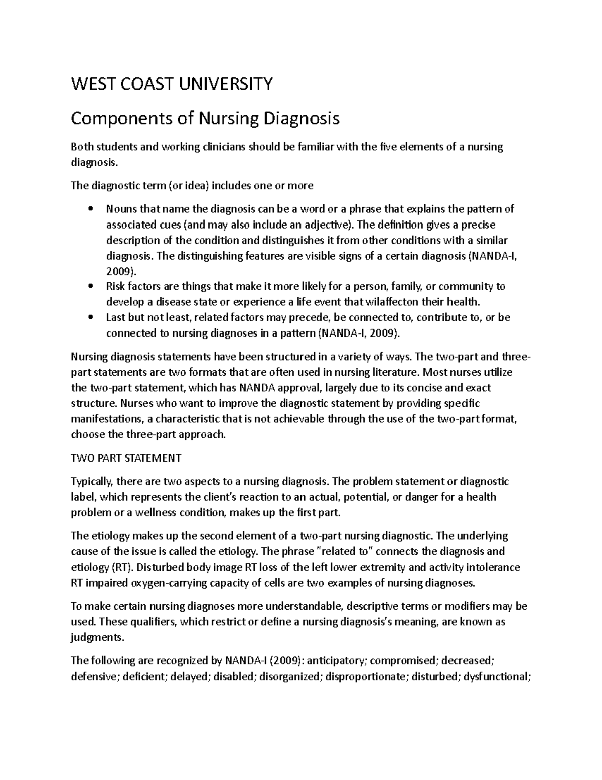 components-of-nursing-diagnosis-west-coast-university-components-of