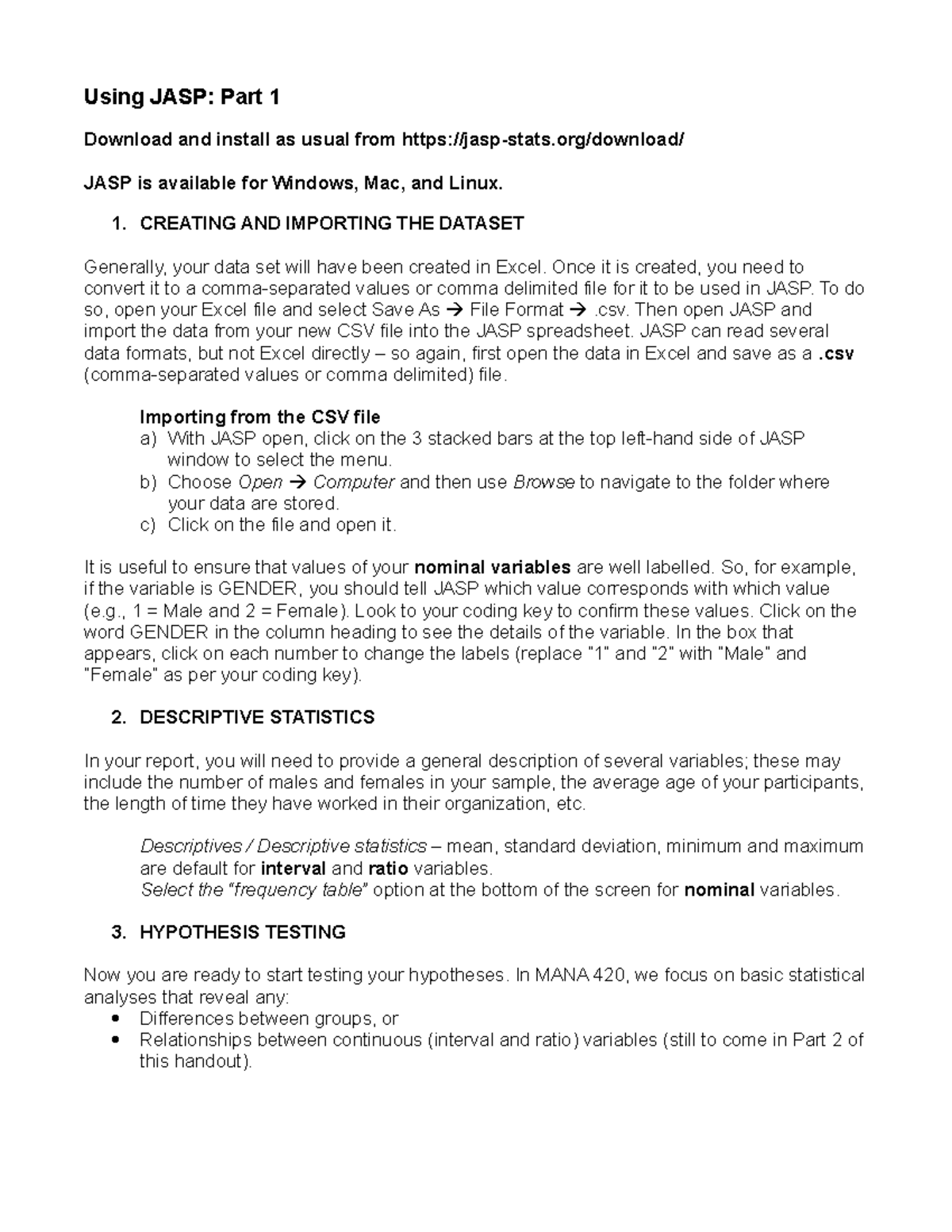 JASP Handout Part 1 JASP Using JASP Part 1 Download and install as